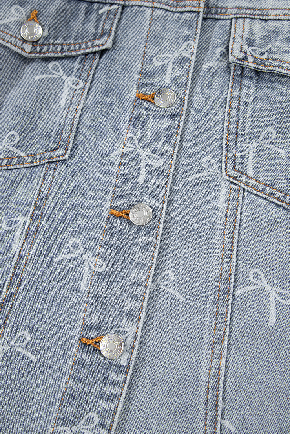 Sky Blue Bow Knot Print Light Wash Raw Hem Denim Jacket