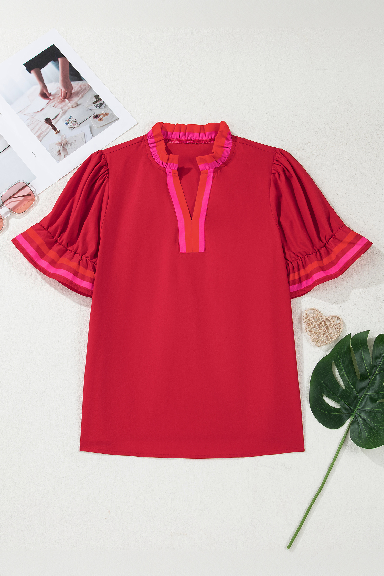Four Leaf Clover Striped Trim Ruffle Split Neck Long Sleeve Blouse