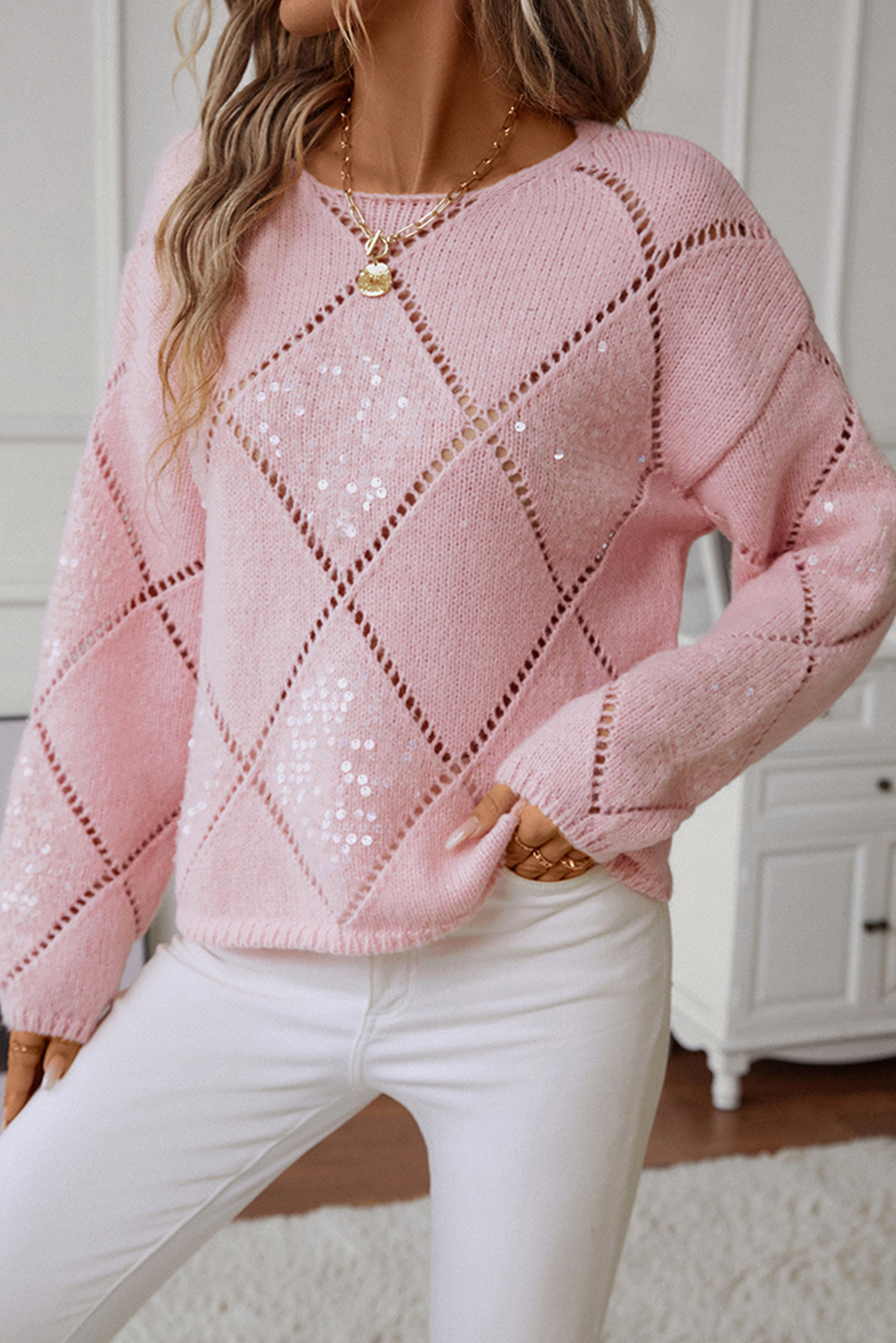 Dusk Blue Hollowed Rhombus Pattern Sequin Detail Round Neck Sweater
