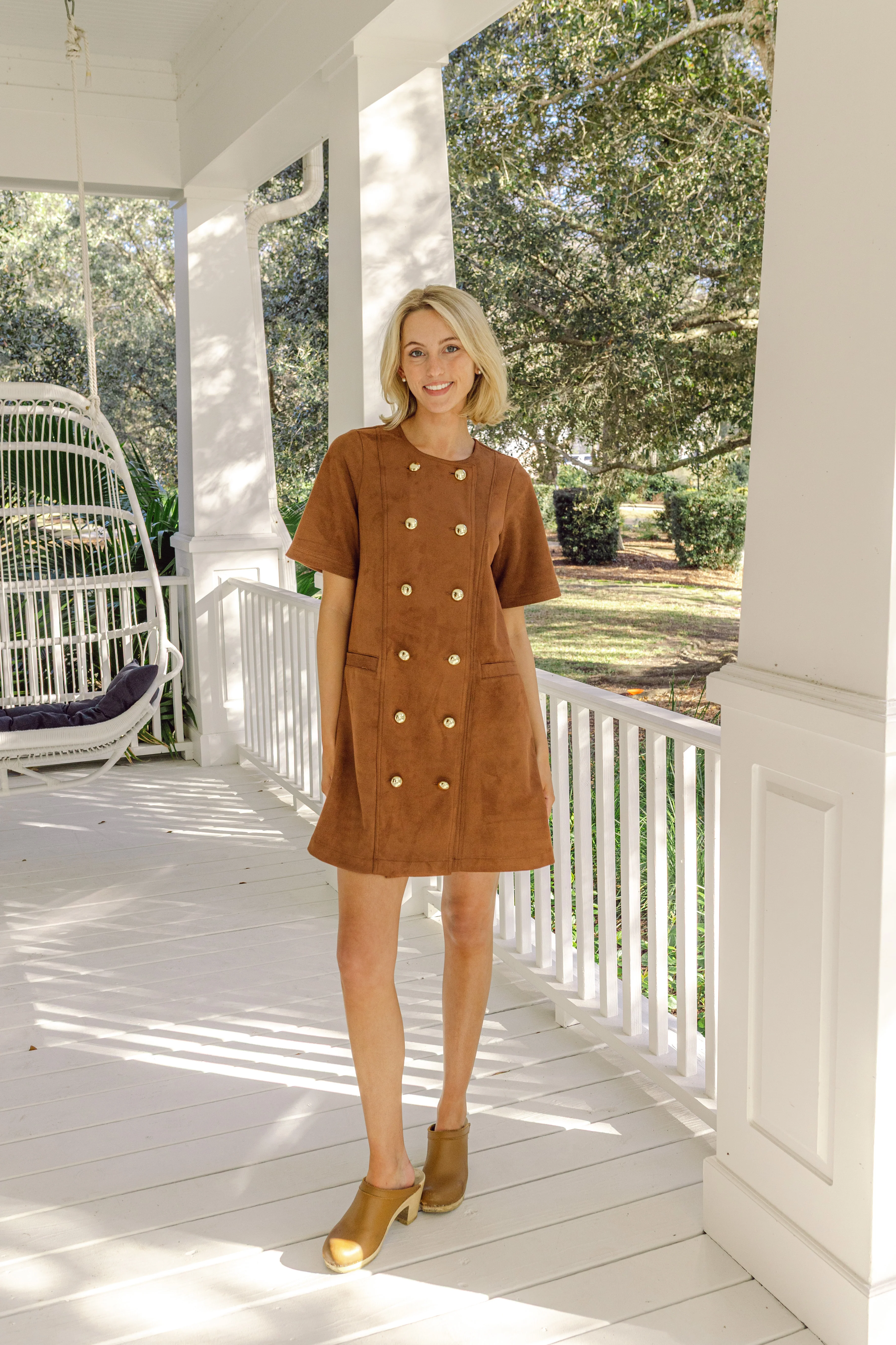 Camel Suede Short Sleeve Button Front Dress - luftunsa