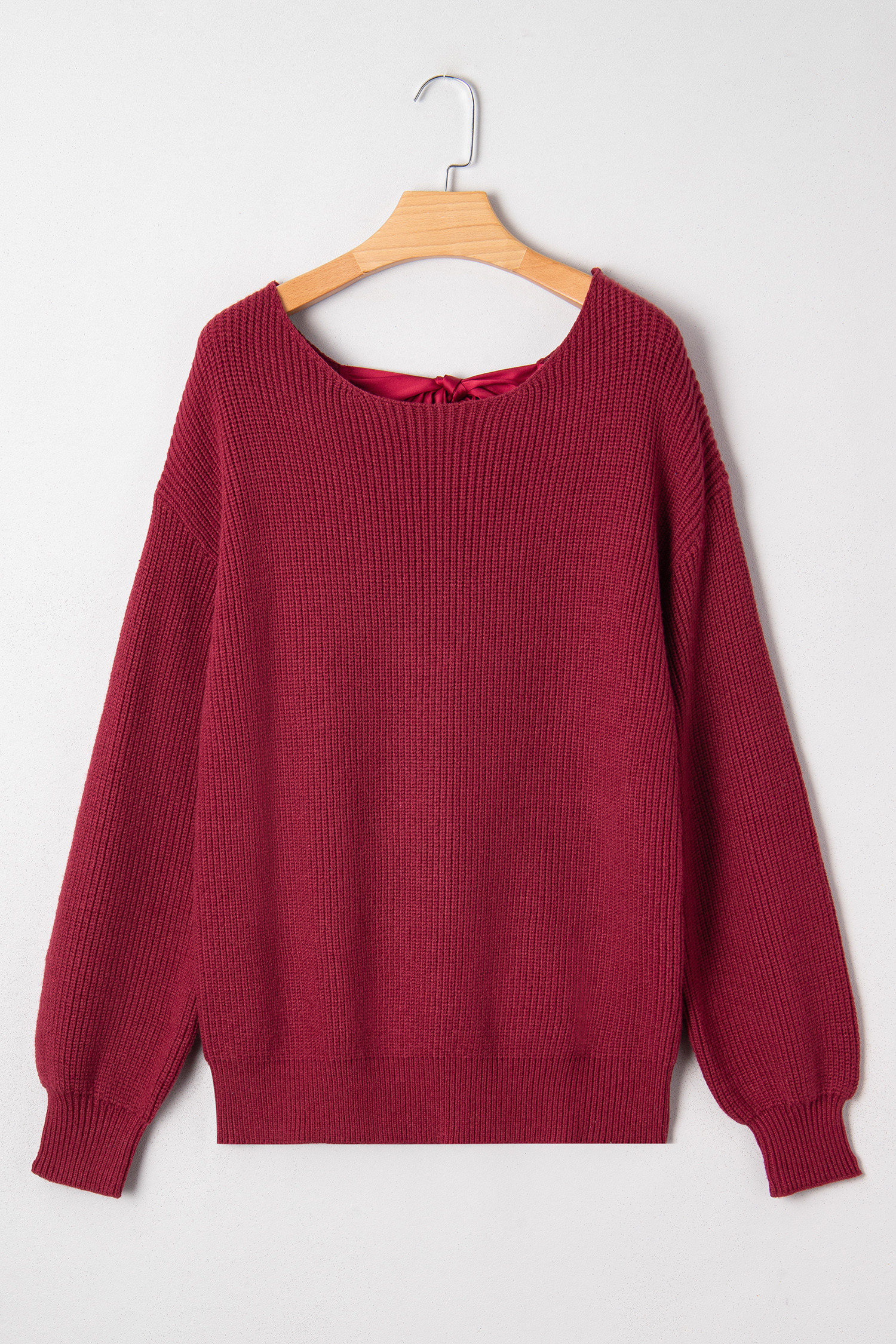 Black Ribbed Knit Ribbon Knot Backless Drop Shoulder Sweater