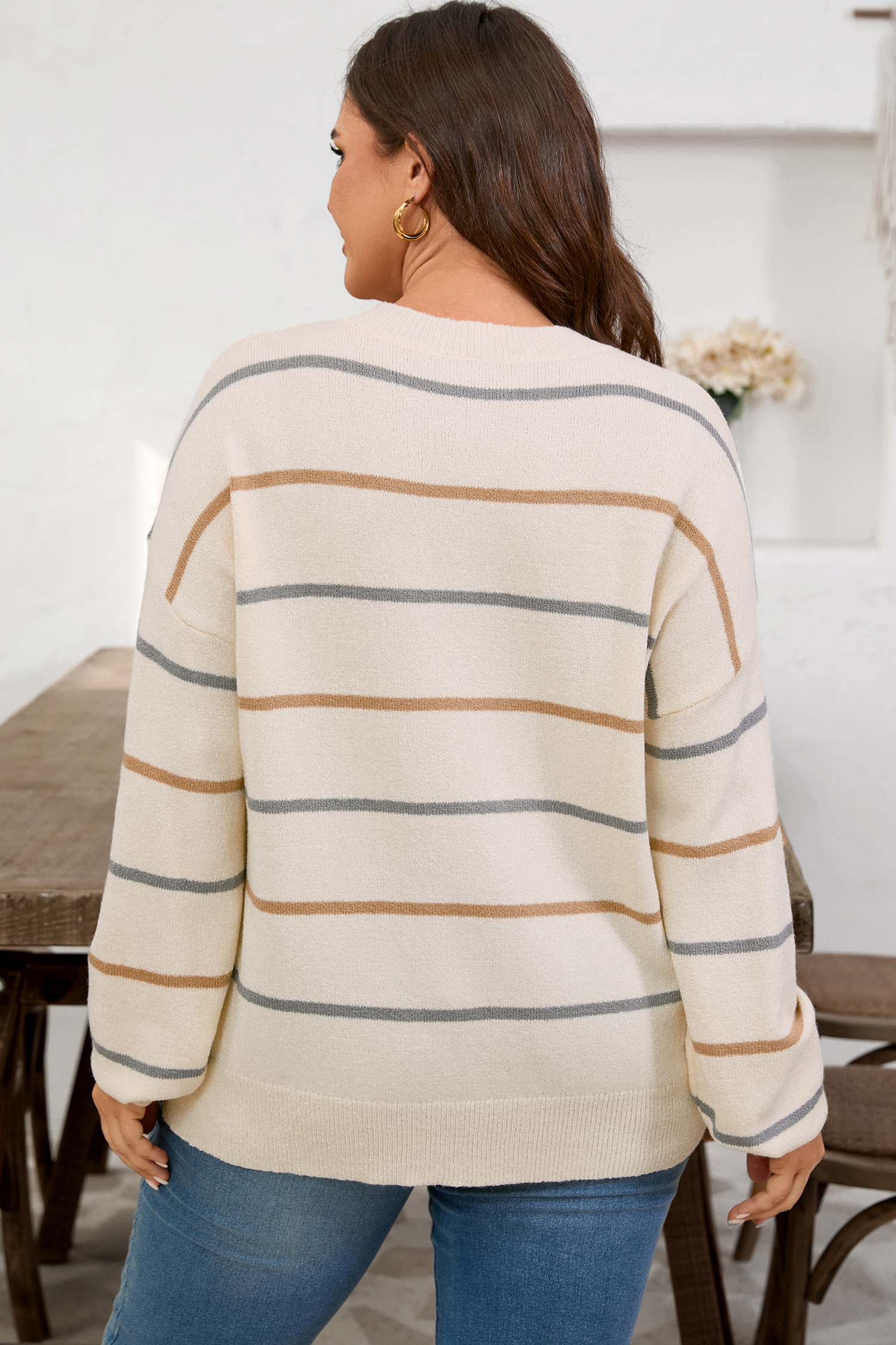 Multicolour Striped Buttoned Front V Neck Drop Shoulder Cardigan Sweater