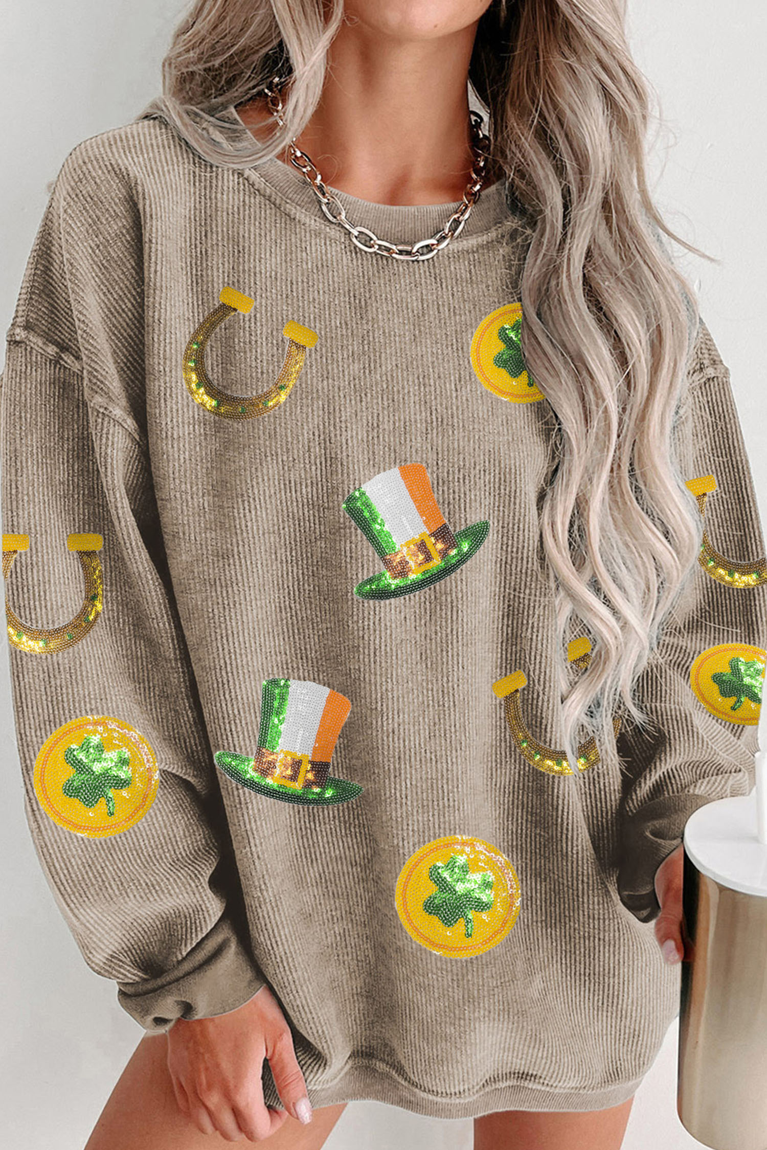 Khaki Sequin Horseshoe Mardi Gras Graphic Corded Ribbed Baggy Sweatshirt