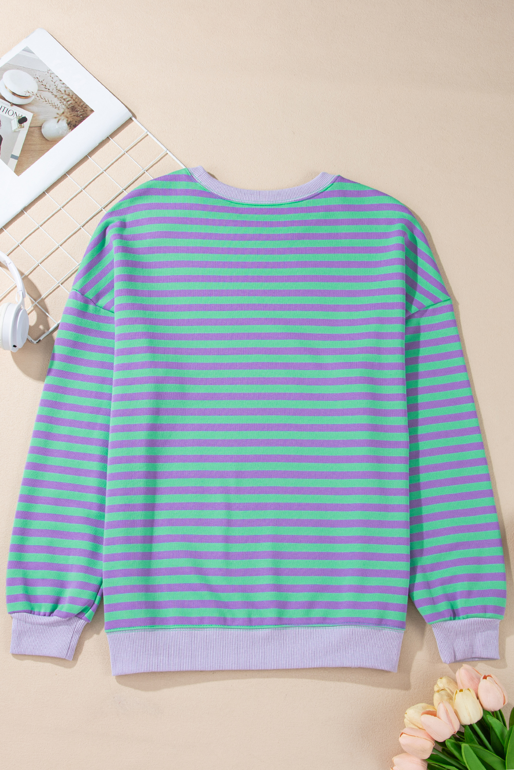 Red Stripe Contrast Ribbed Trim Crossed Stitch Drop Shoulder Sweatshirt