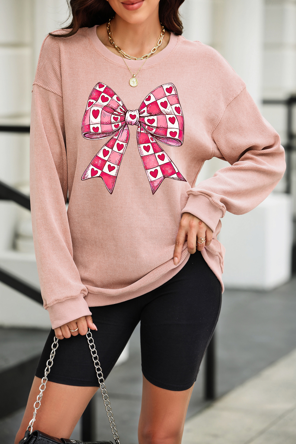 Pink Solid Ribbed Knit Round Neck Pullover Sweatshirt