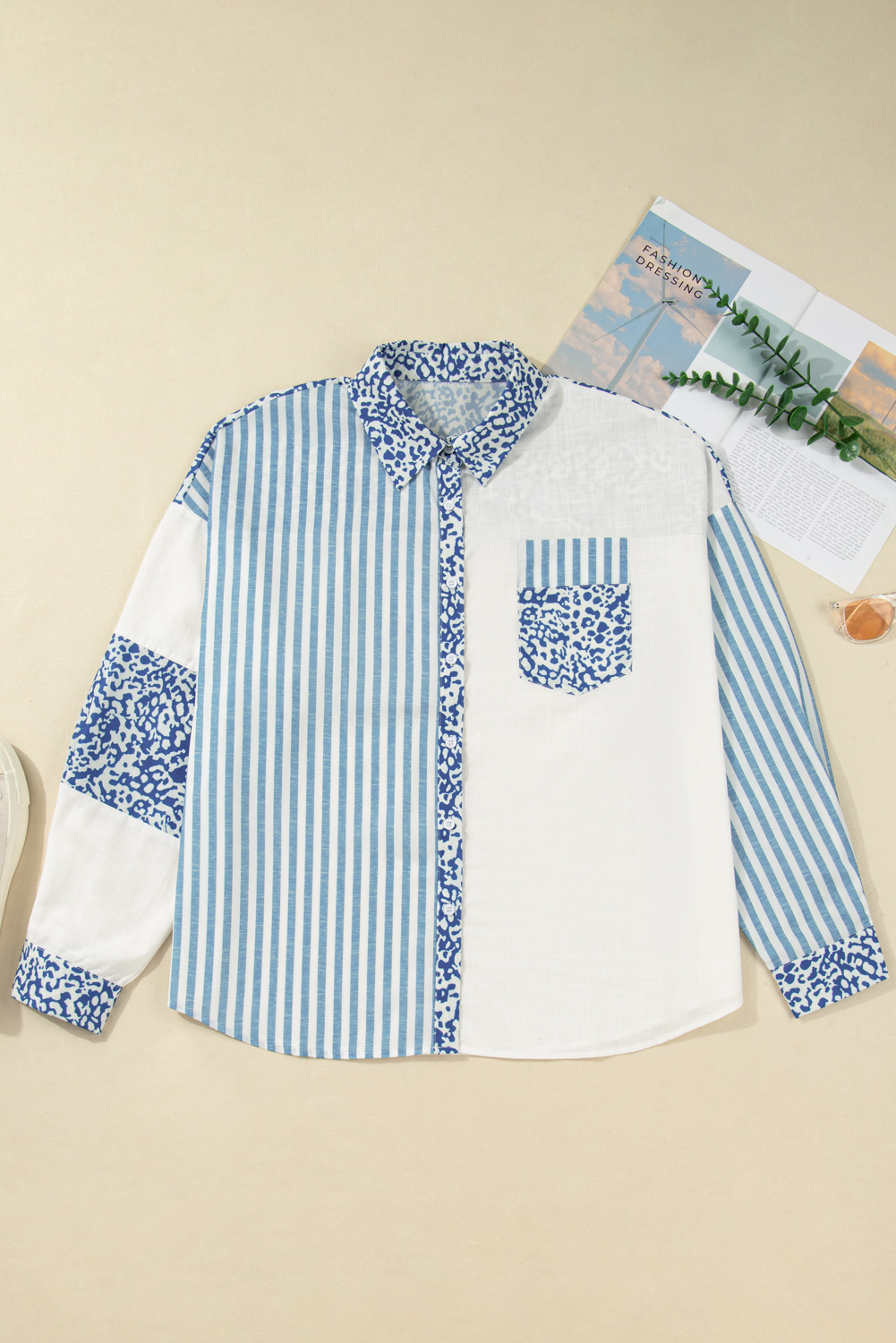 Sky Blue Leopard Striped Western Casual Shirt