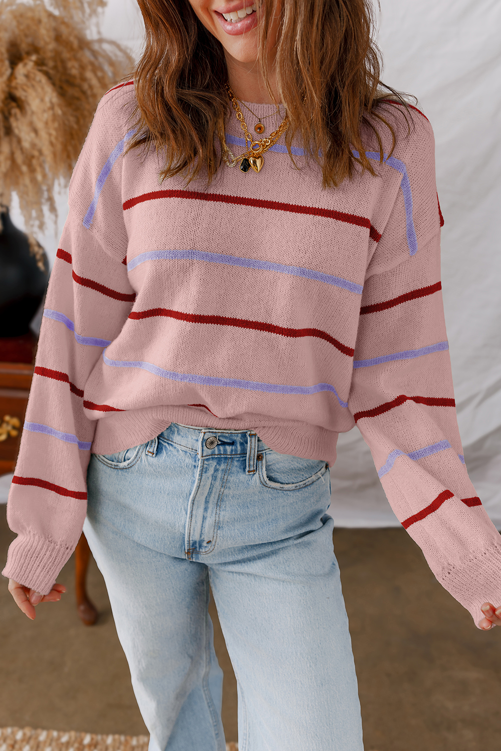 Multicolour Striped Buttoned Front V Neck Drop Shoulder Cardigan Sweater