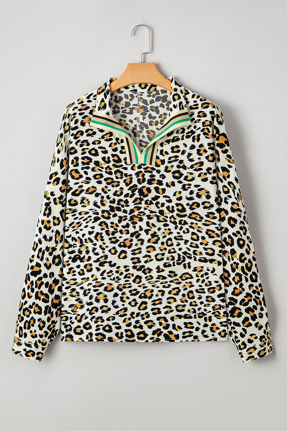 Khaki Leopard Print Contrast Striped V Neck Blouse