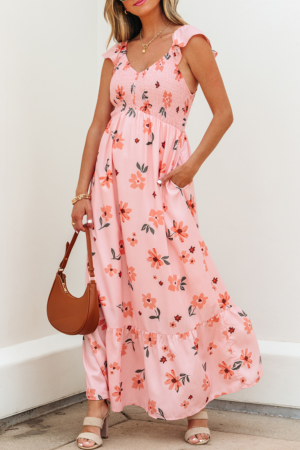 Black V Neck Flutter Sleeve Smocked Bodice High Waist Ruffle Maxi Dress