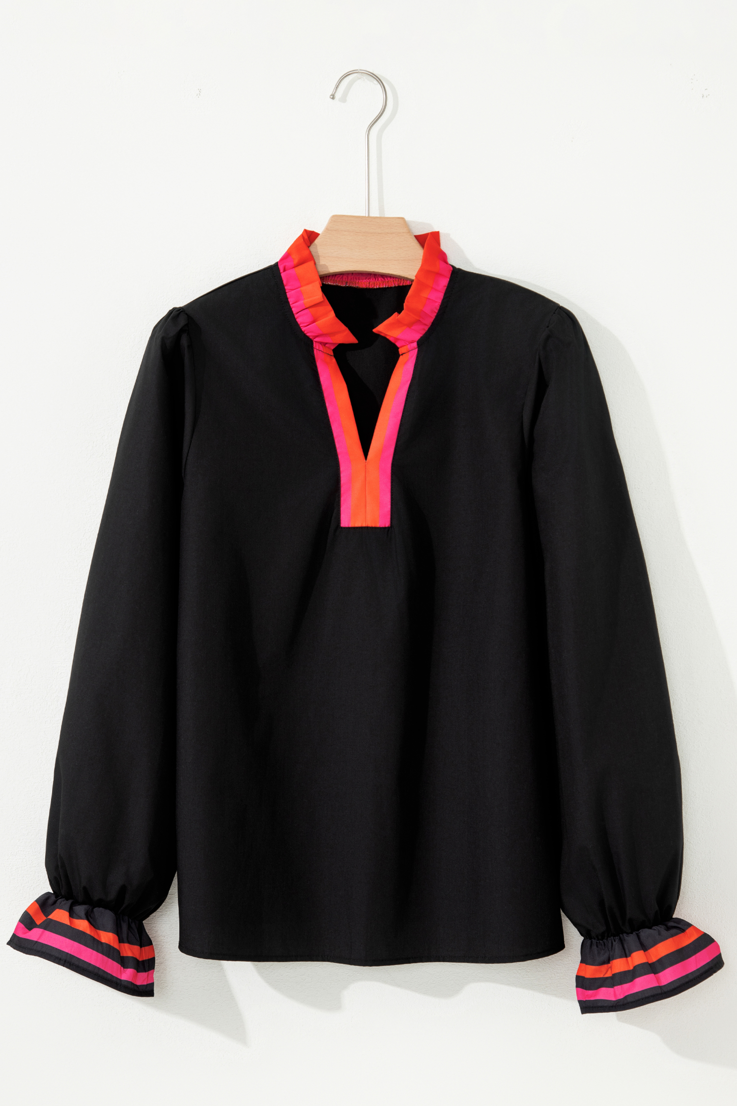Four Leaf Clover Striped Trim Ruffle Split Neck Long Sleeve Blouse