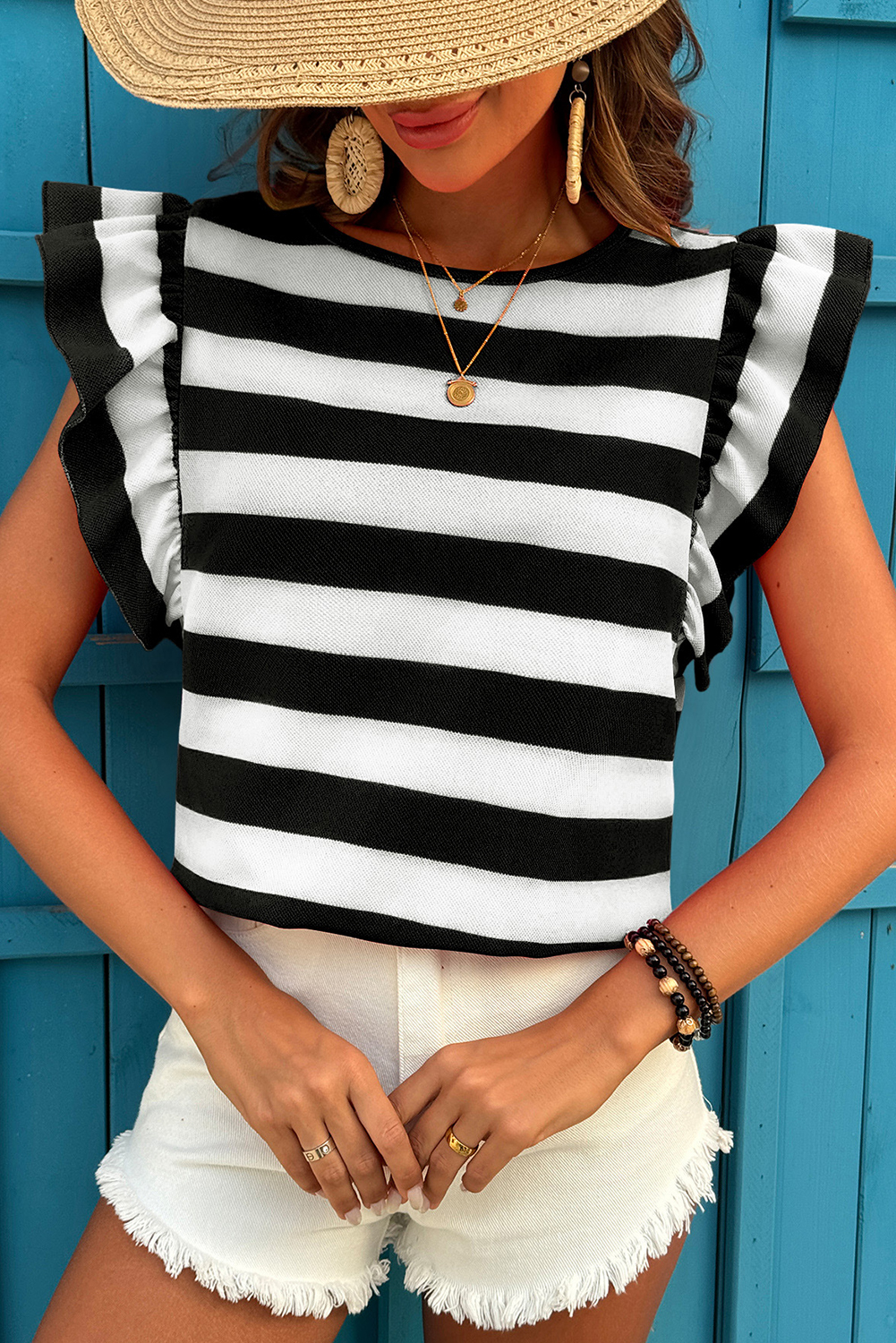 Green Stripe Flutter Sleeve Round Neck Shift Dress