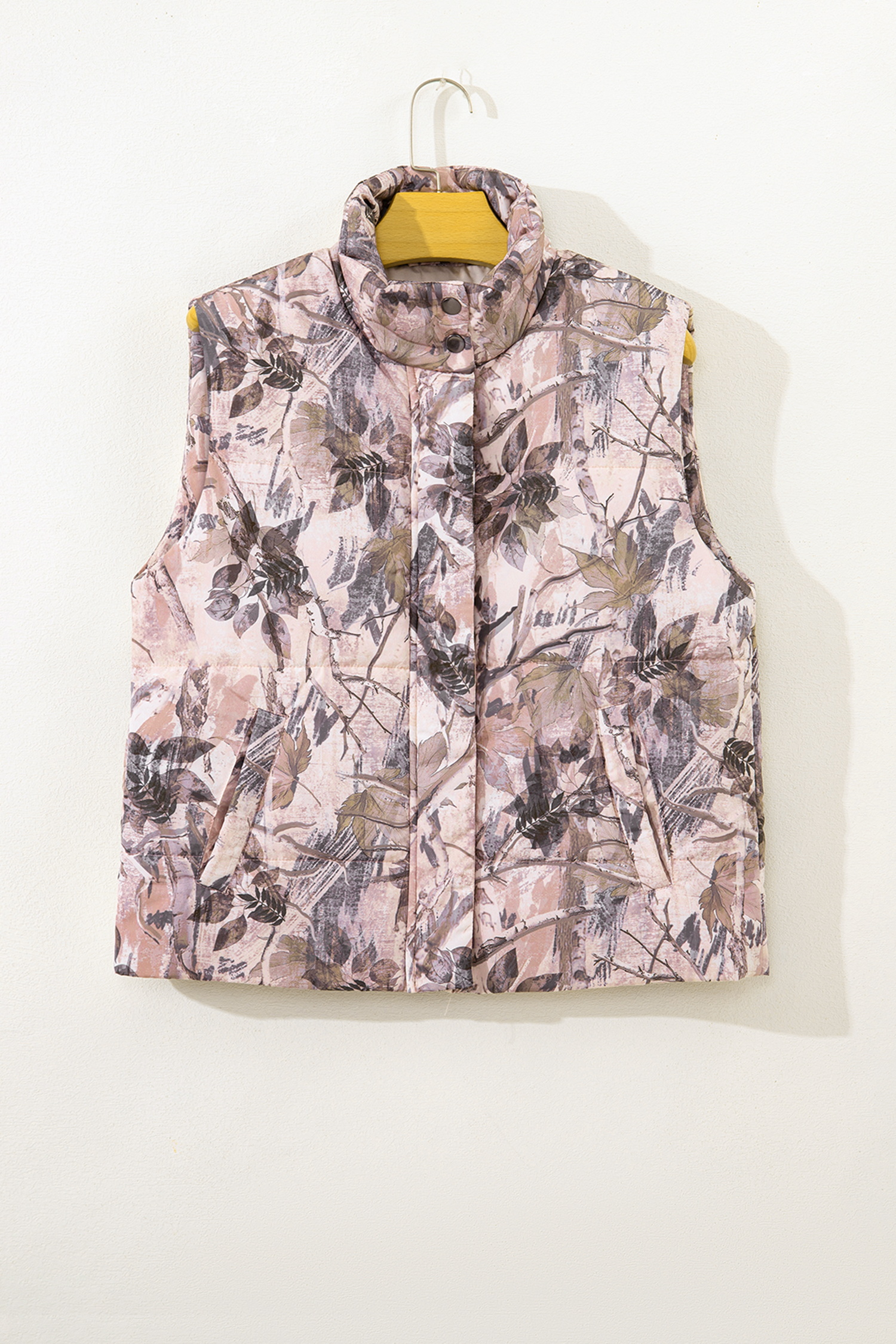 Brown Camo Leaf Print Winter Puffer Vest