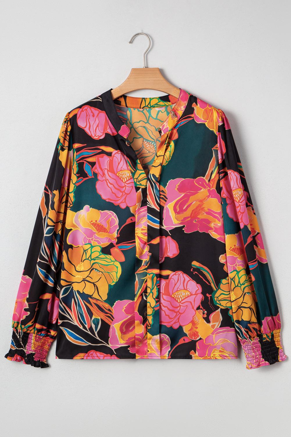 Black Floral Print Smocked Cuffs Puff Sleeve V Neck Blouse
