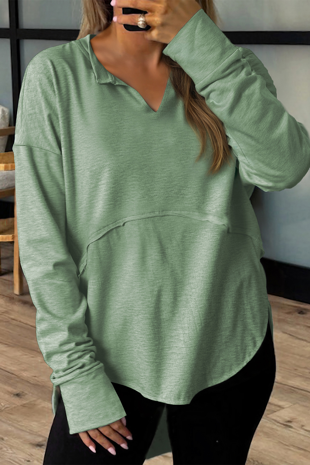 Myosotis Notched Neck Terry Raw Hem Long Sleeve Top