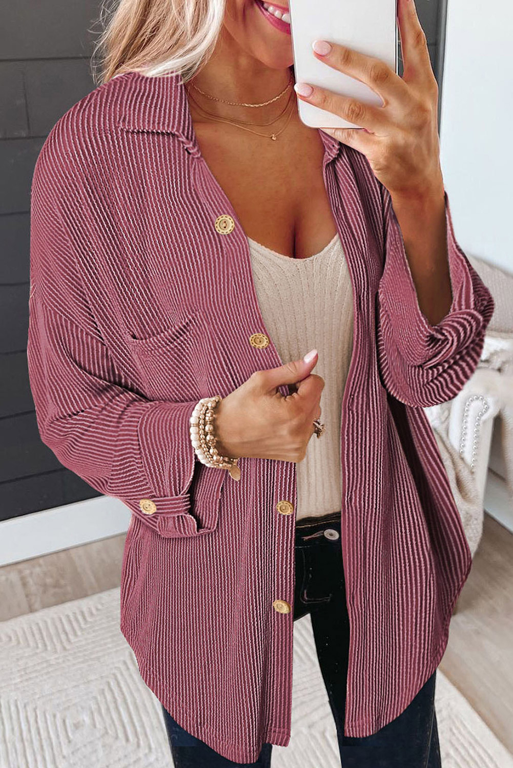 Fiery Red Pink Roll Tab Sleeve Ribbed Cording Shacket