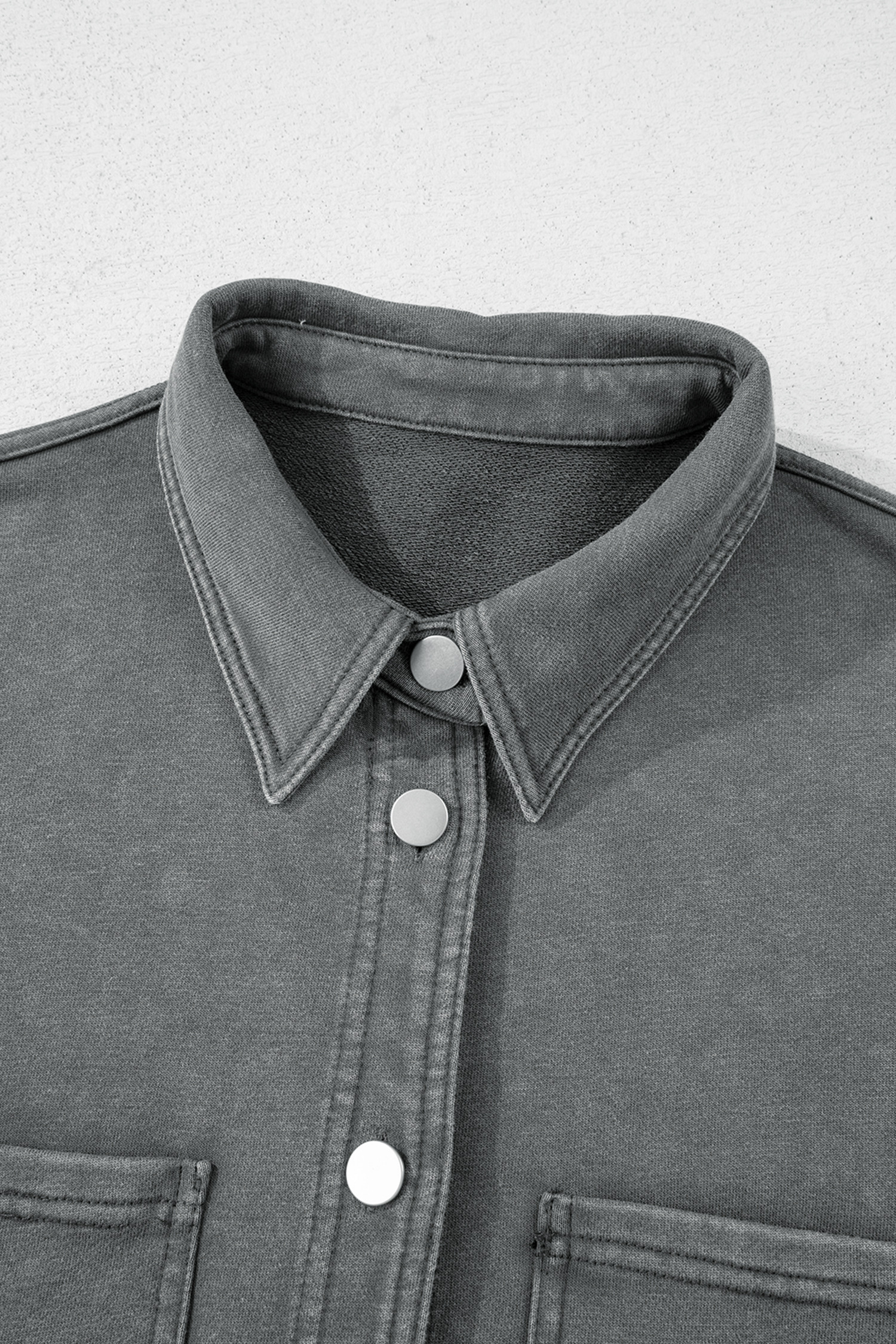 Medium Grey Mineral Wash Chest Pockets Drop Shoulder Shacket with Side Slit