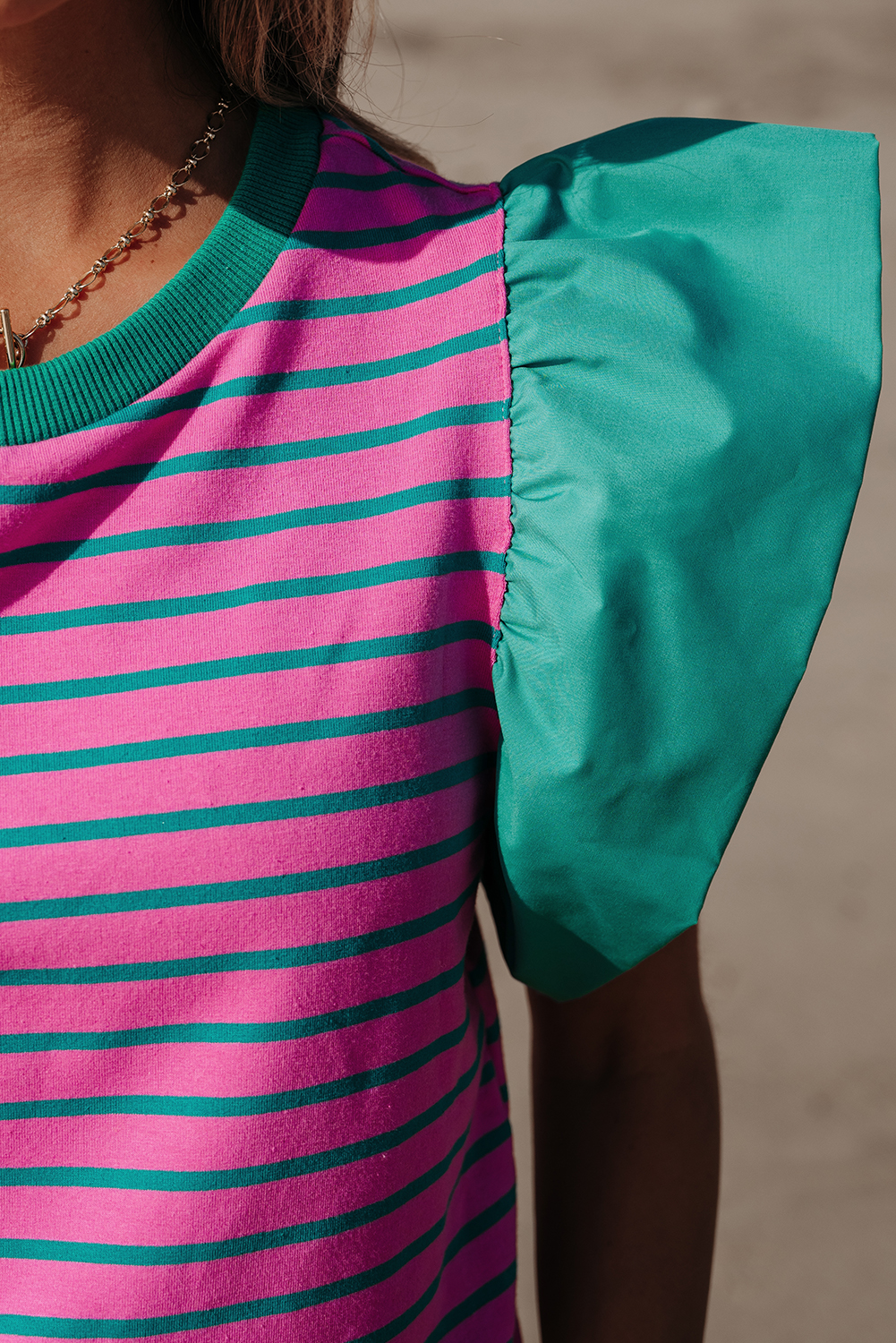 Pink Stripe Collared V Neck Puff Sleeve T Shirt Dress