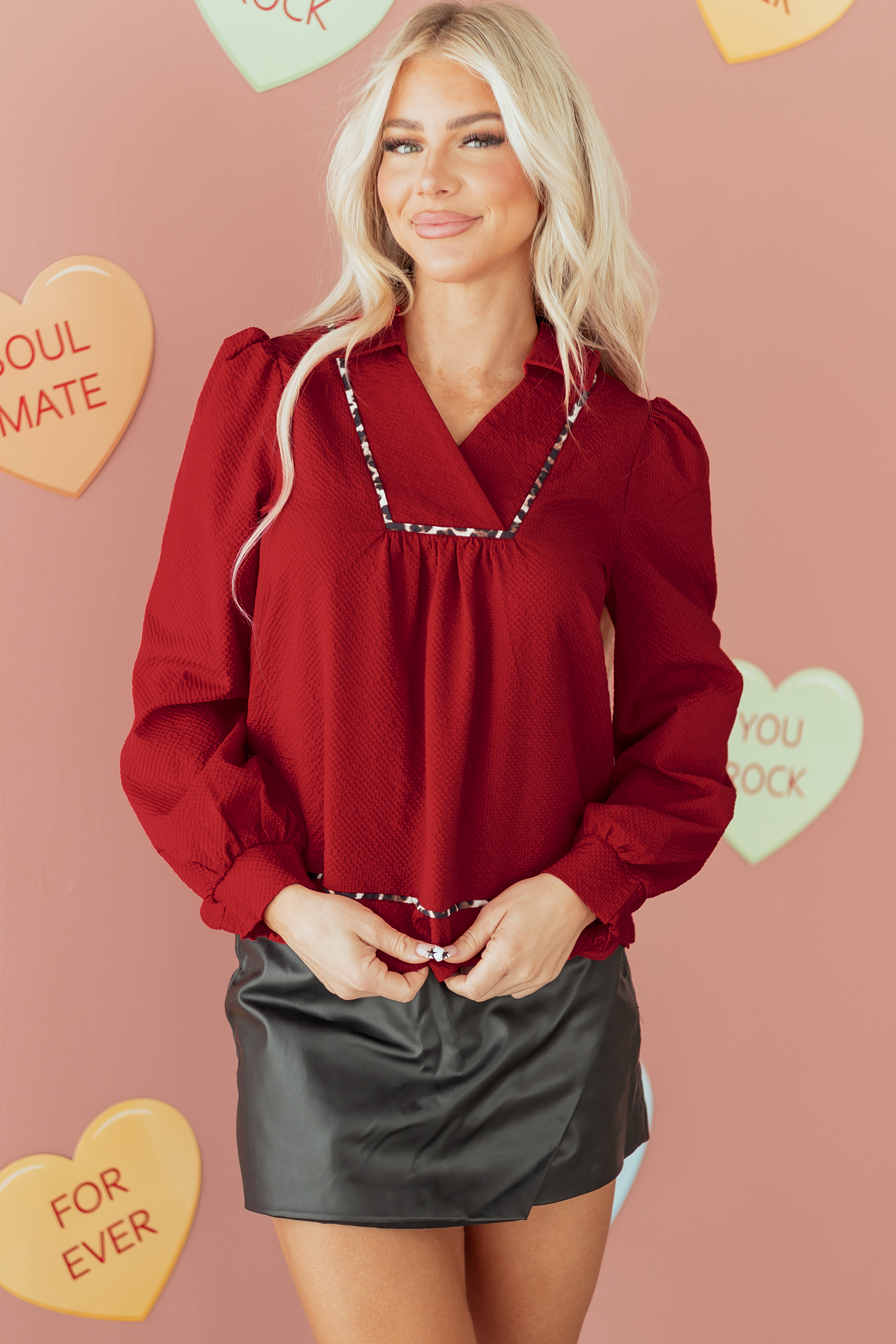 Fiery Red Textured V Neck Leopard Contrasted Trim Long Sleeve Shift Mini Dress