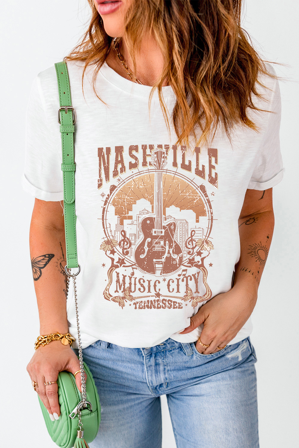 Black Country Music Crazy Print Crew Neck T Shirt