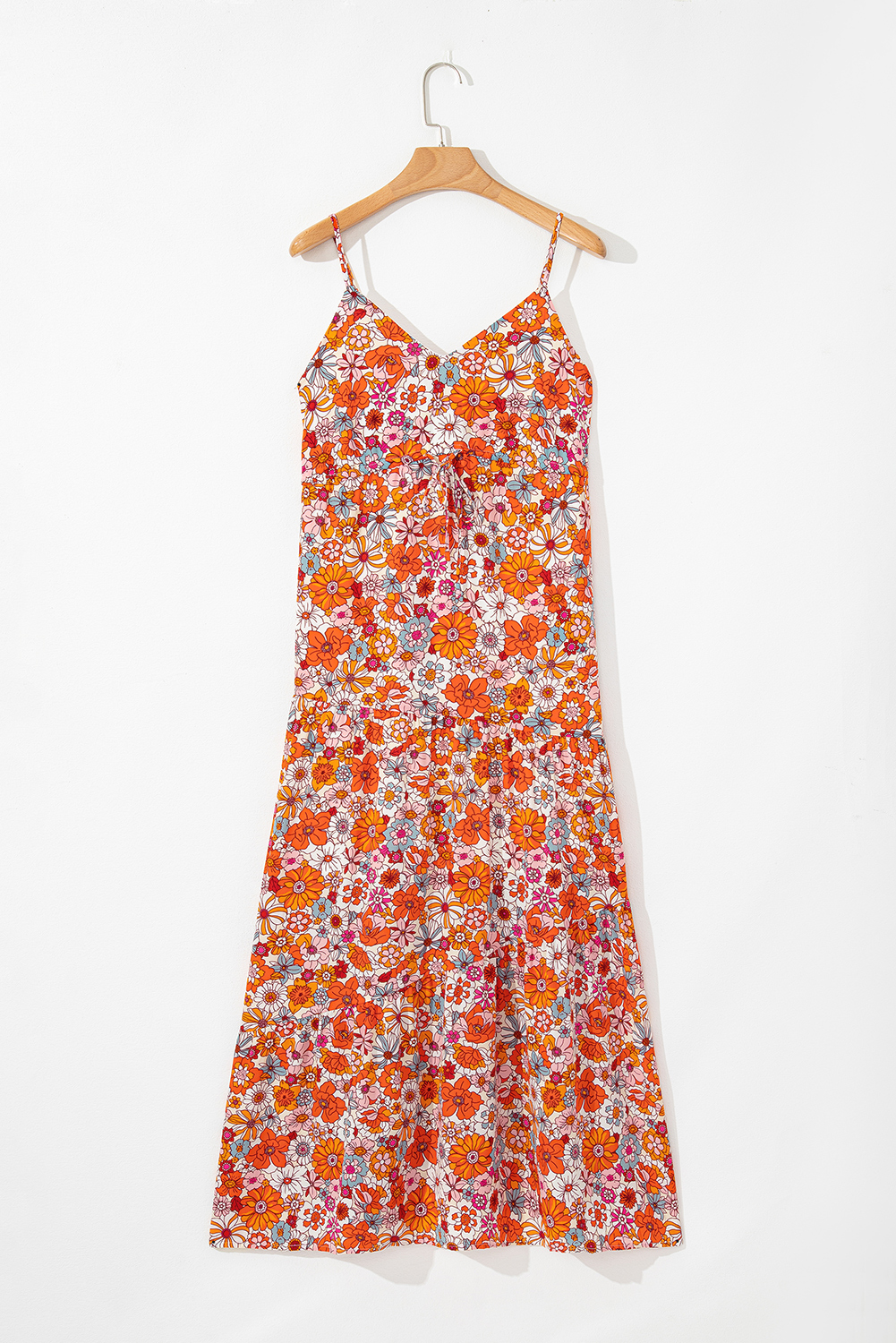 Red Boho Fashion Print Spaghetti Straps Drawstring Maxi Dress