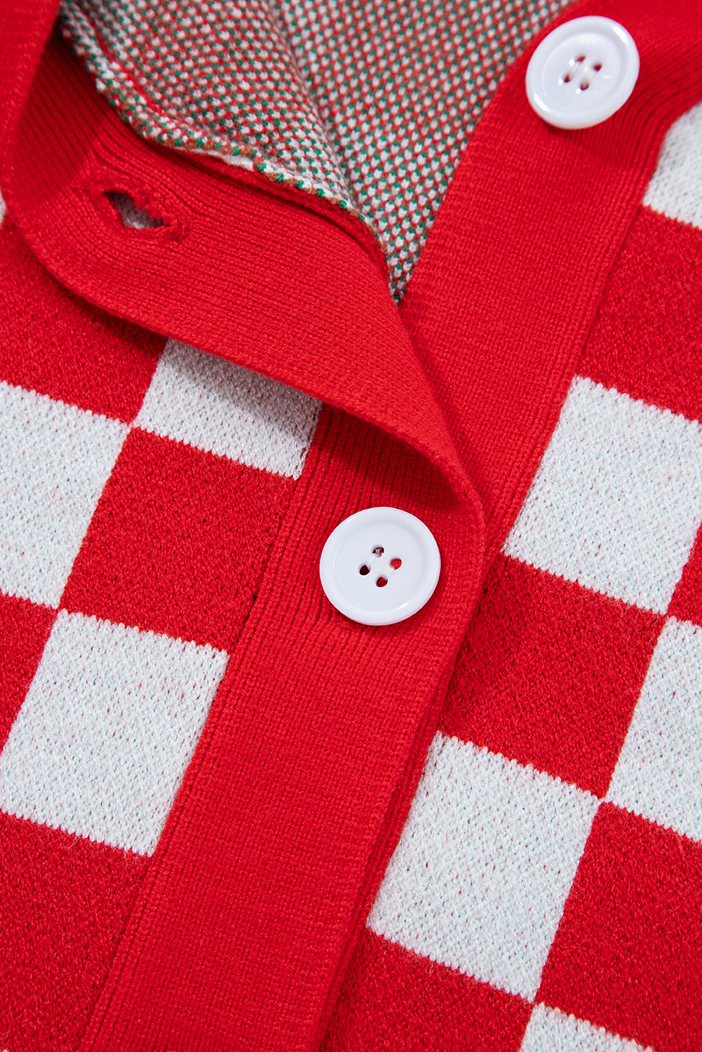 Pink Checkered Christmas Tree Pattern Button V Neck Cardigan Sweater