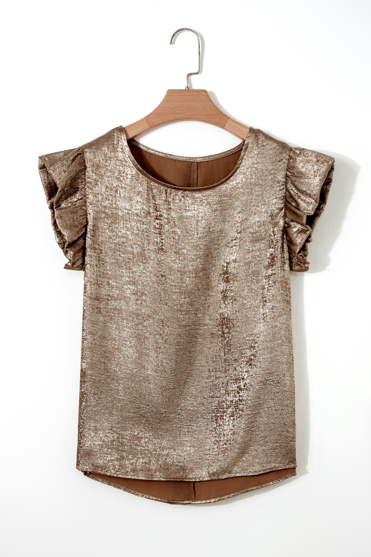 Apricot Metallic Round Neck Smocked Long Sleeve Blouse