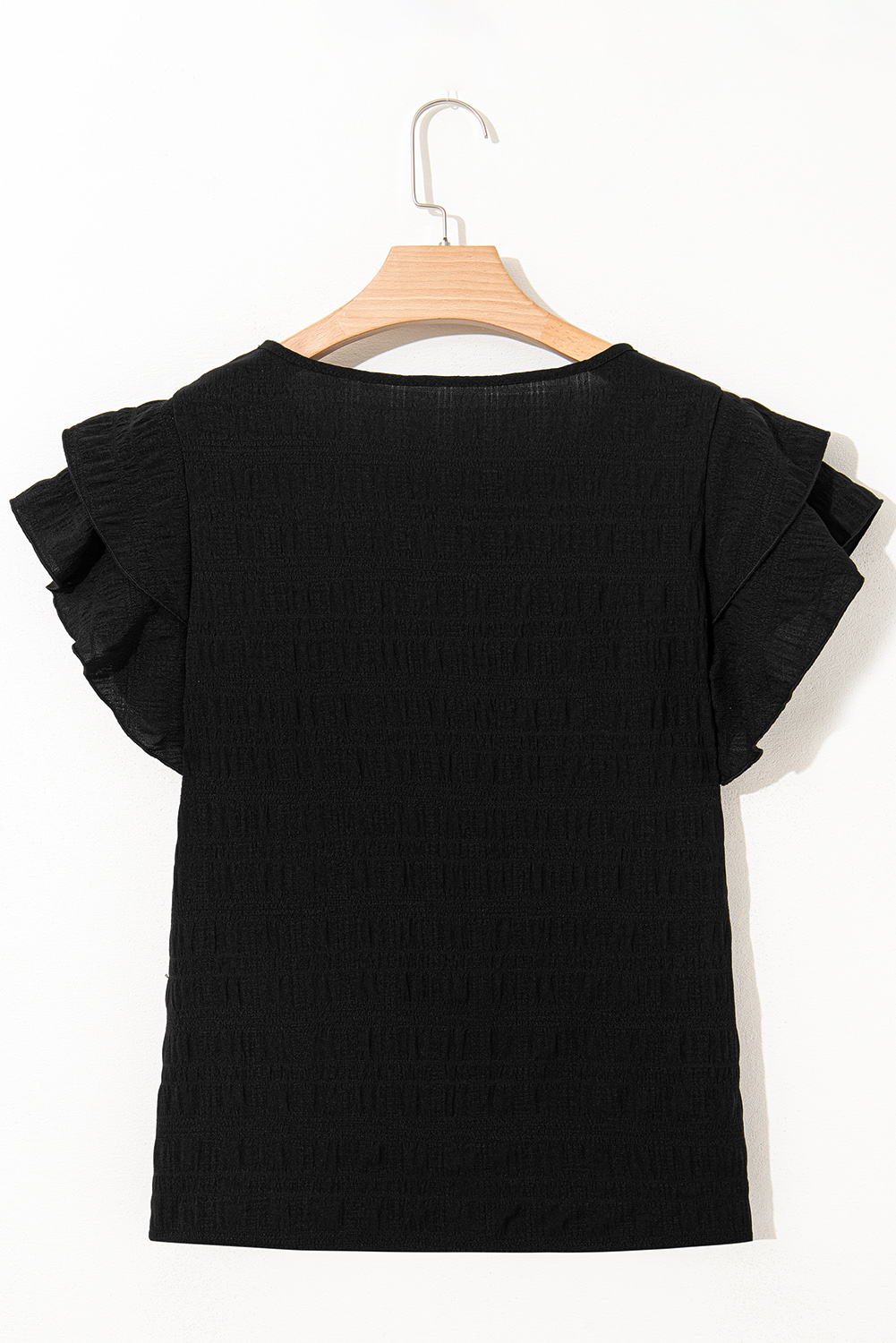 Dark Green Textured Ruffled Sleeve Round Neck Top