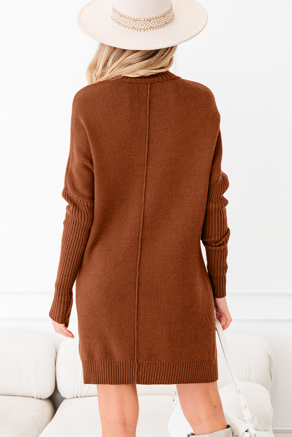 Fiery Red Ribbed High Neck Front Pockets Center Seam Shift Sweater Dress