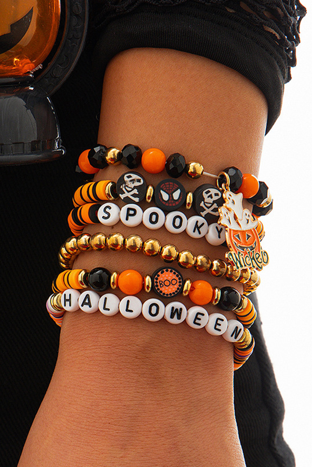 Carrot 6pcs Layered Halloween Pumpkin Ghost Spider Man Charm Stretch Bracelet Set