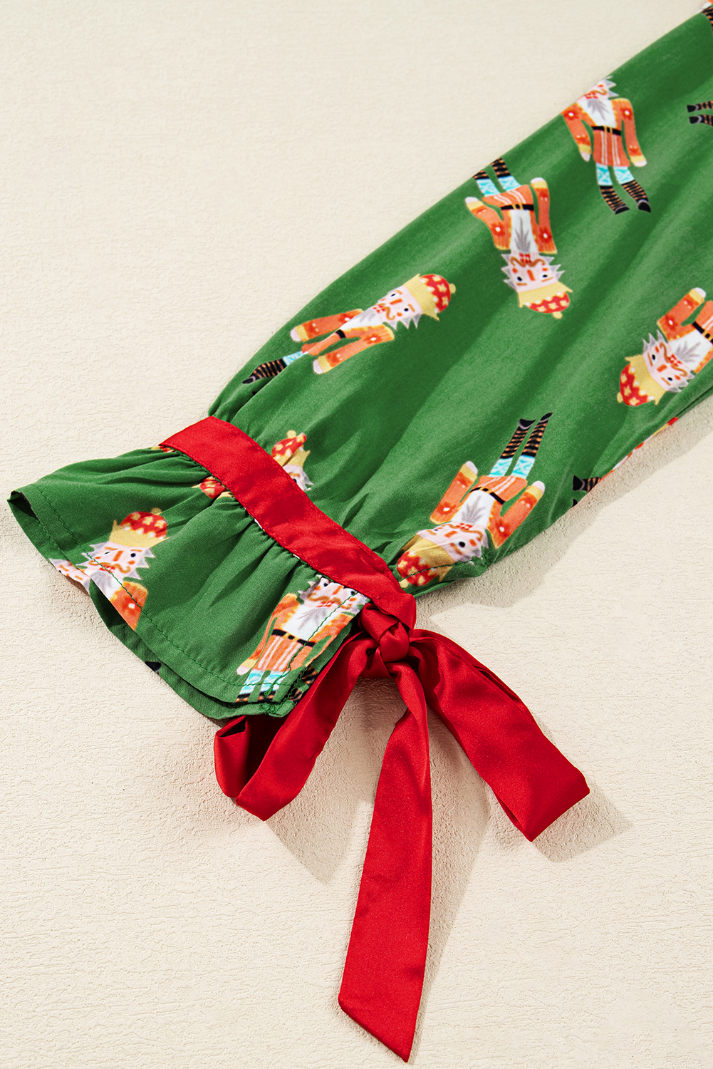 Green Christmas Candy Contrast Trim Bow Knot Silky 2pcs Pajama Set