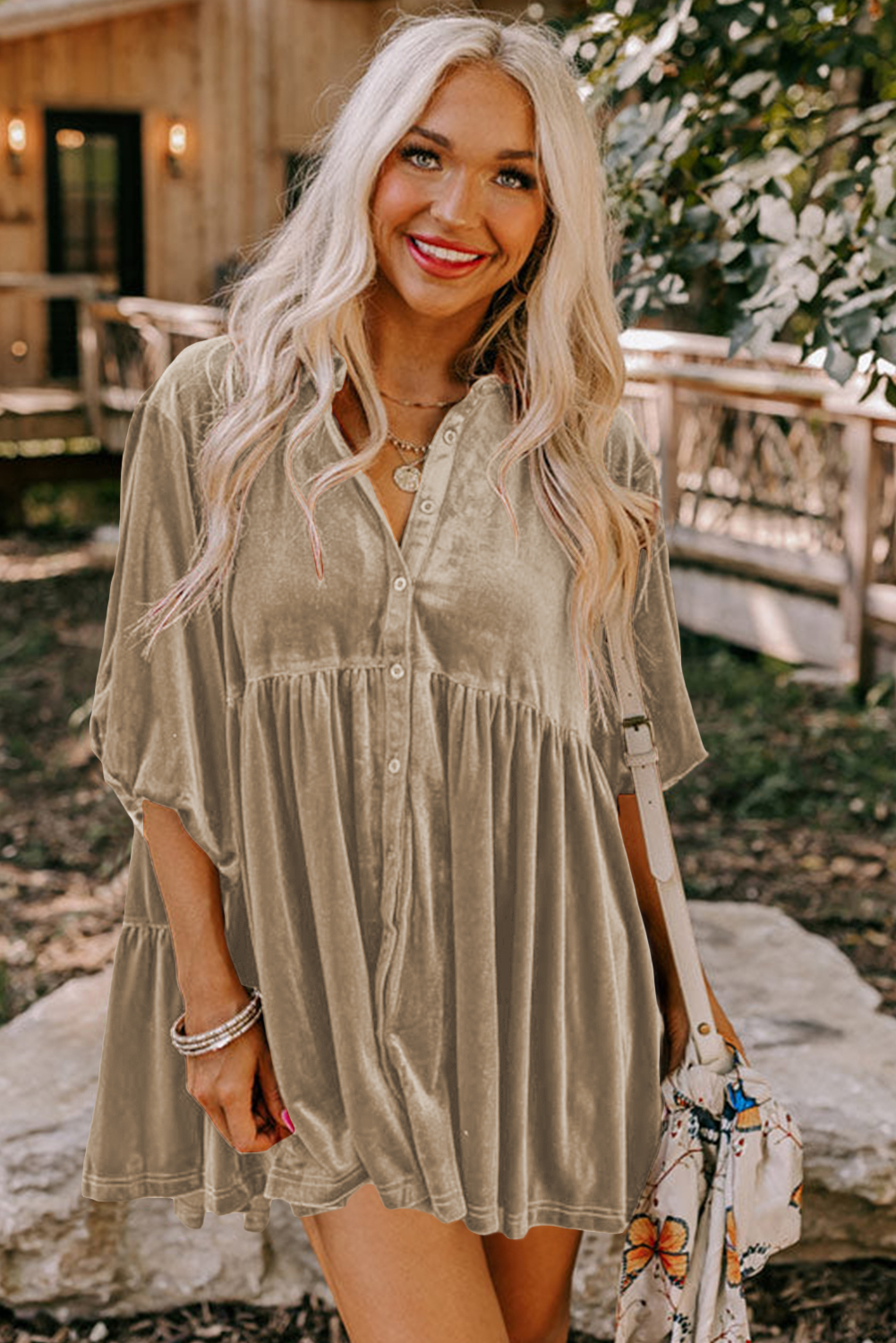 Burgundy 3/4 Sleeve Tunic Babydoll Velvet Shirt