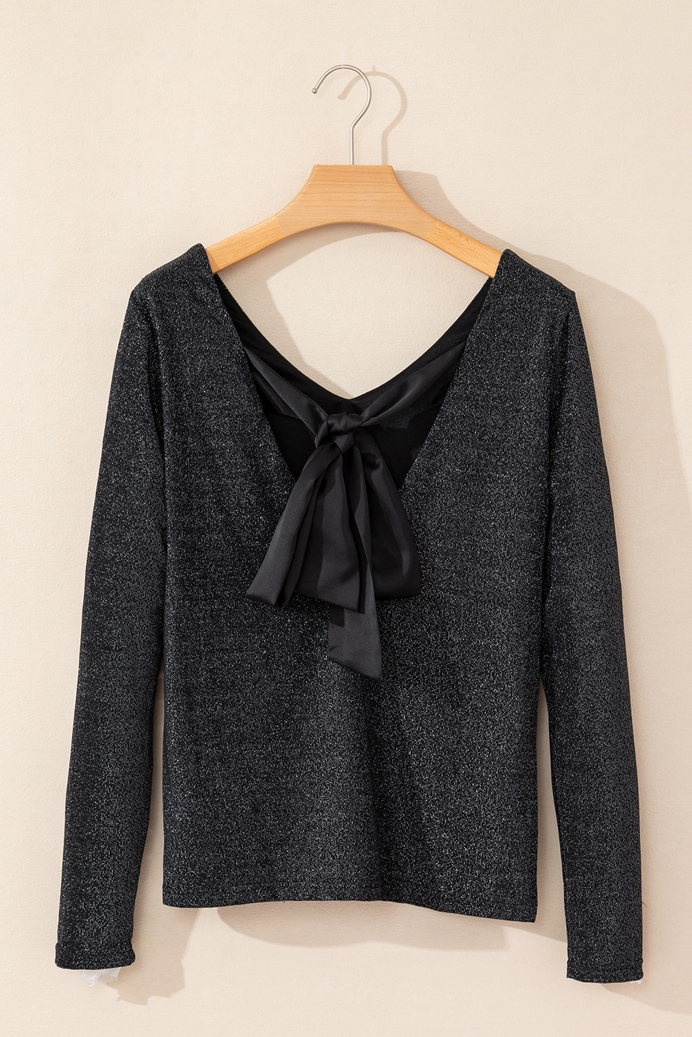 Red Metallic Bowknot Open Back V Neck Top