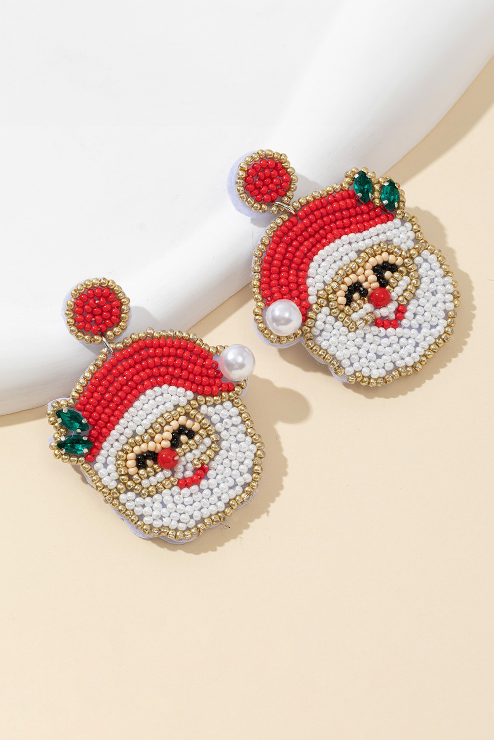 Gold Pearl Gemstone Embellished Beading Santa Claus Earrings