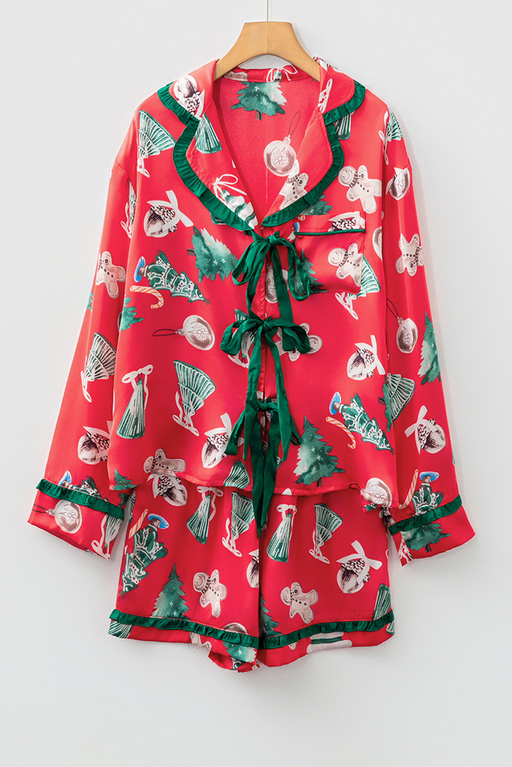 Red Christmas Fashion Print Contrast Ruffle Trim Ribbon Bow Knot 2pcs Pajama Set