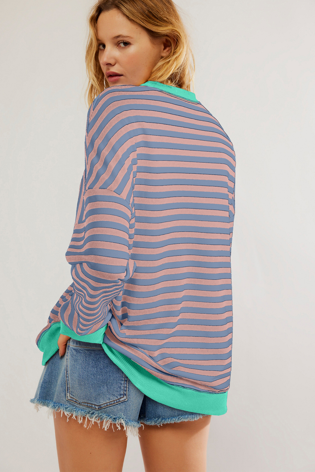 Red Stripe Contrast Ribbed Trim Crossed Stitch Drop Shoulder Sweatshirt