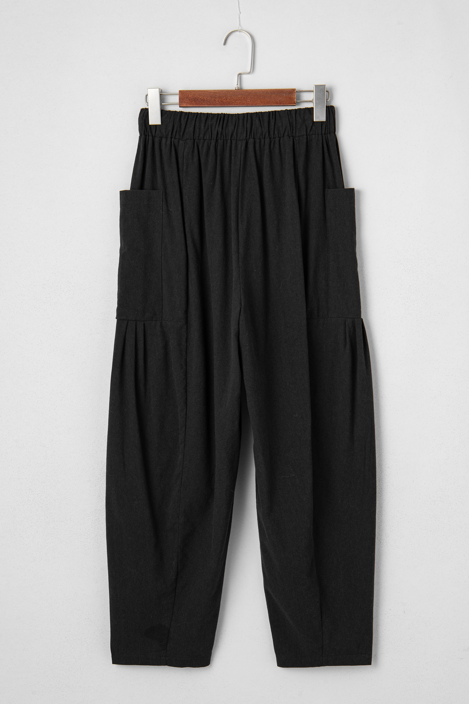 Black Drawstring Elastic Waist Patch Pocket Barrel Leg Casual Pants