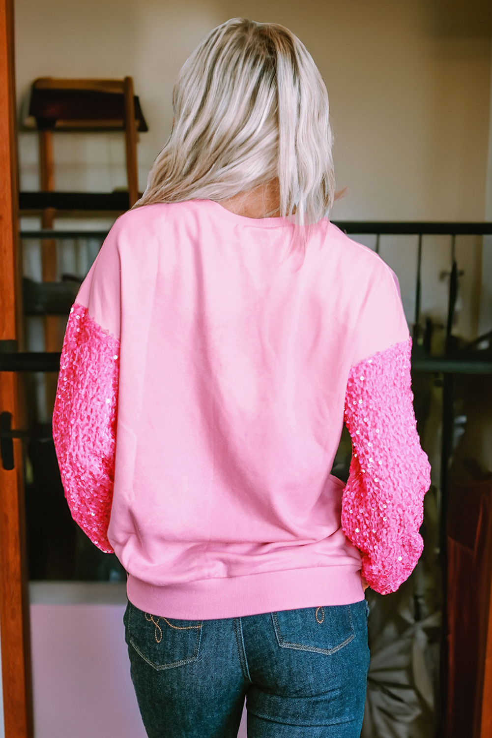 Pink Sequin Bunny Doll Contrast Long Sleeve Patchwork Top