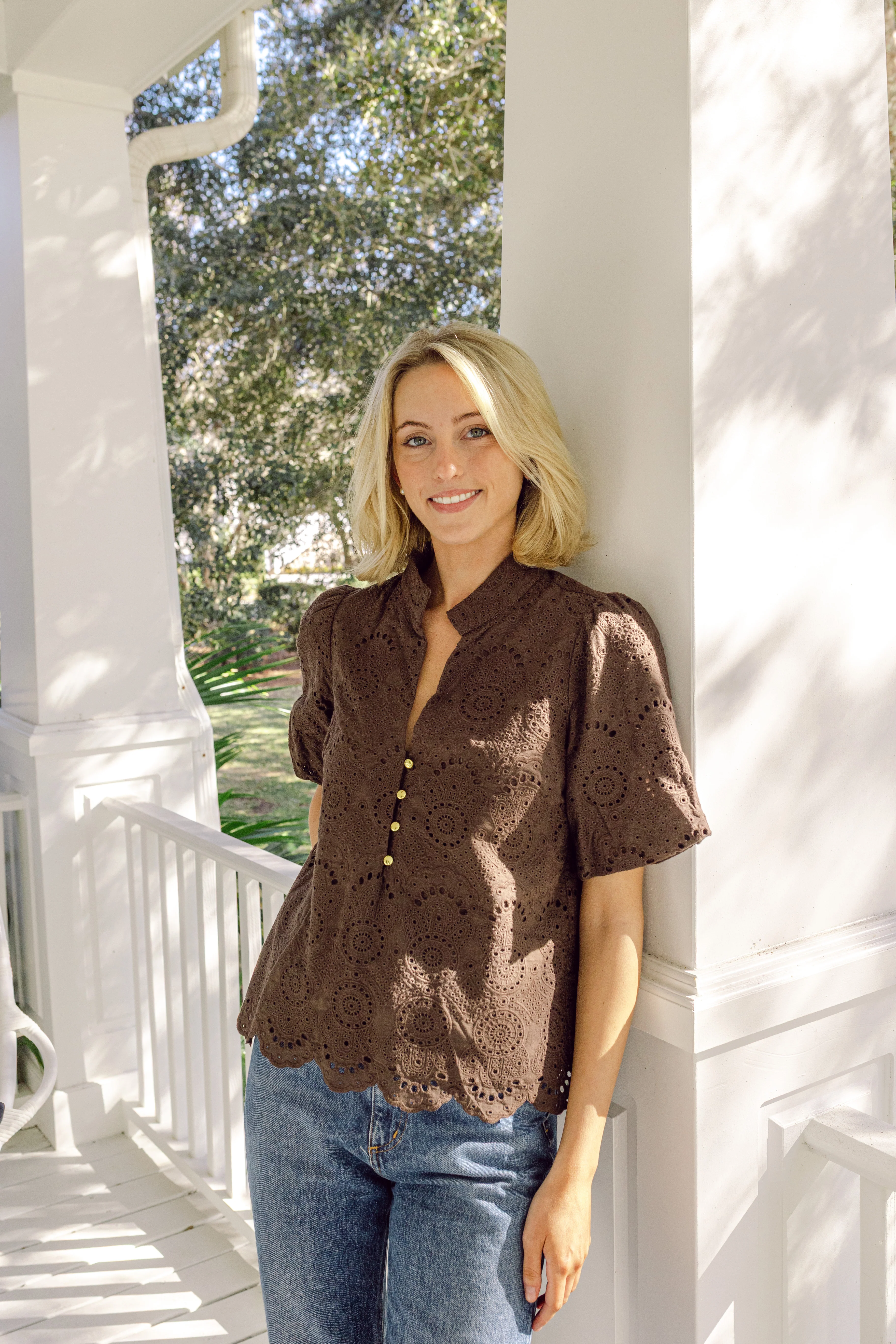 Hot Fudge Eyelet Puff Sleeve Tunic Top - luftunsa