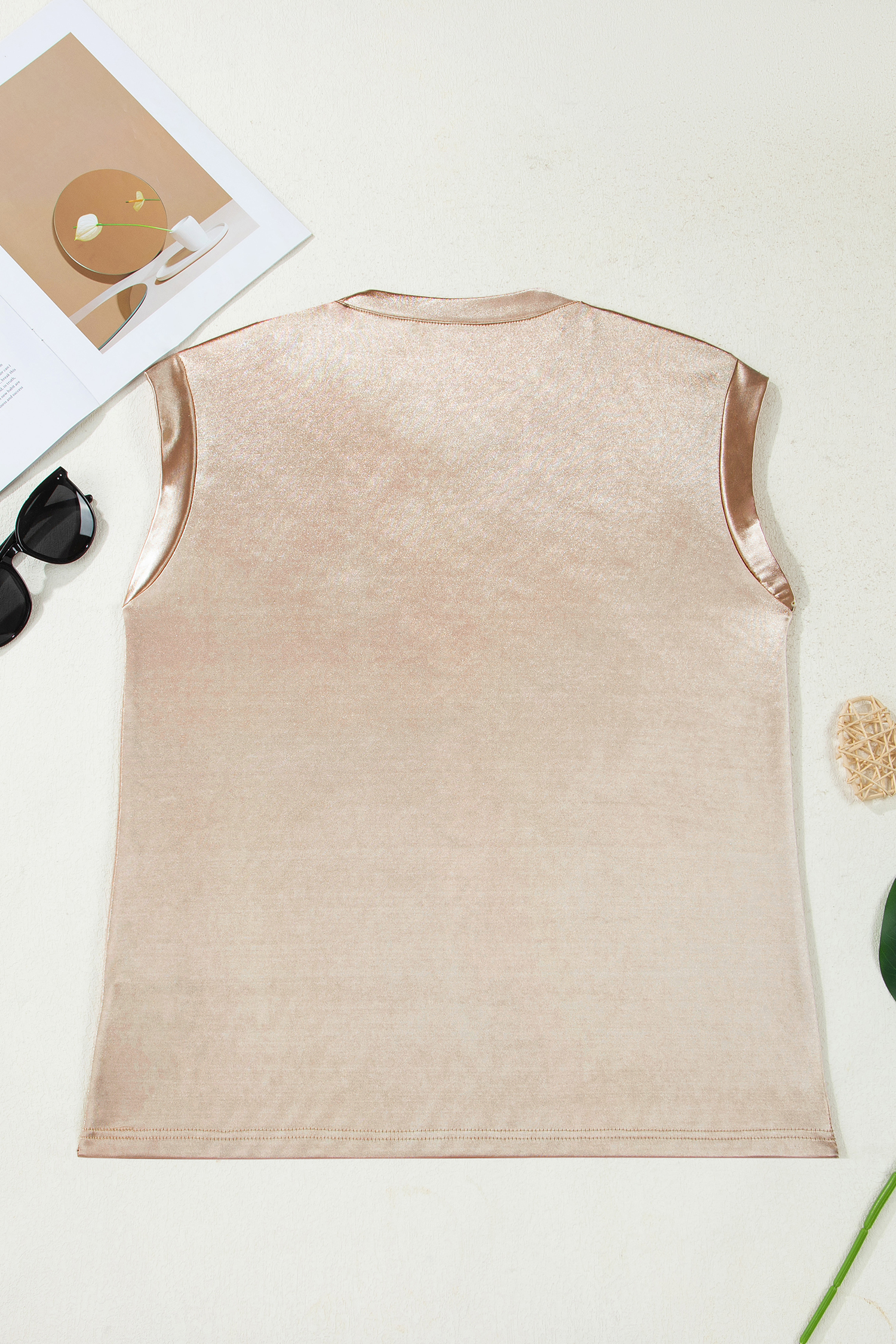 Apricot Metallic Round Neck Smocked Long Sleeve Blouse