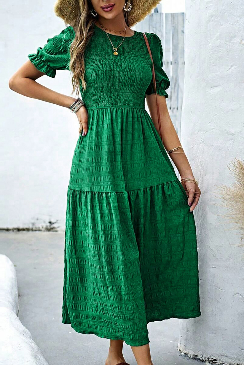 Dark Green Textured Ruffled Sleeve Round Neck Top