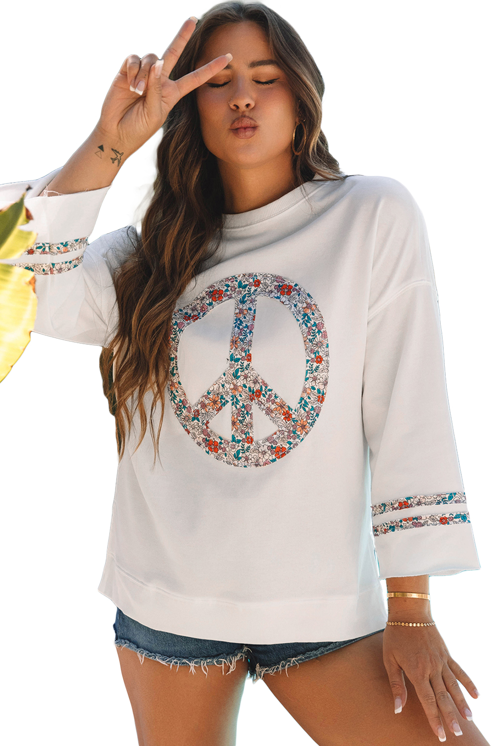 Beige Flower Patch Graphic Exposed Seam Wide Sleeve Top