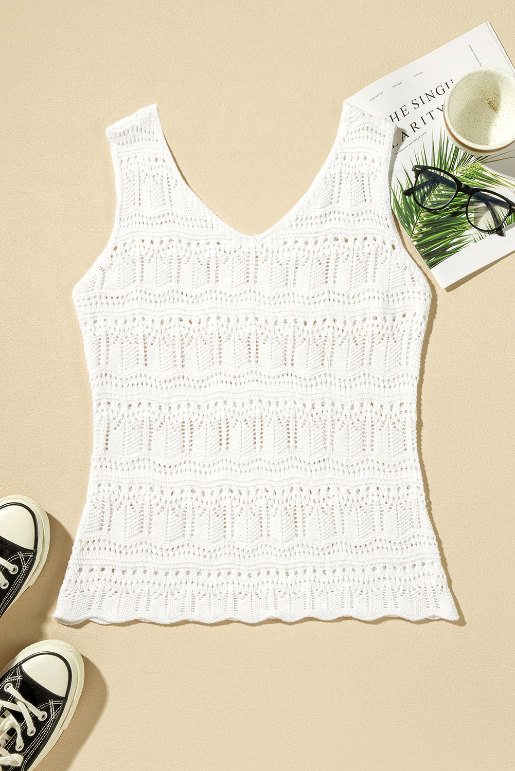 White V Neck Textured Hollow-out Sweater Vest