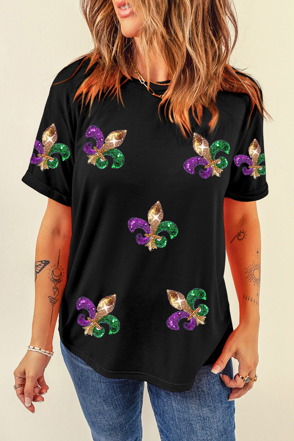 Black Mardi Gras Symbol Patched Crewneck T Shirt