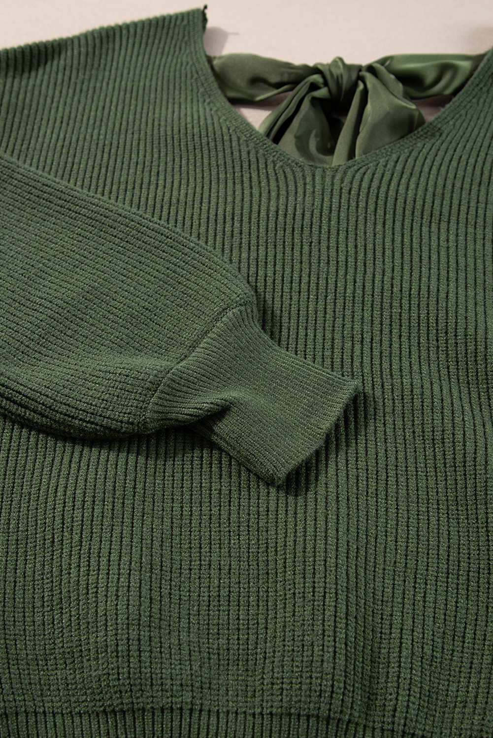 Racing Red Lantern Sleeve V Neck Knot Back Sweater