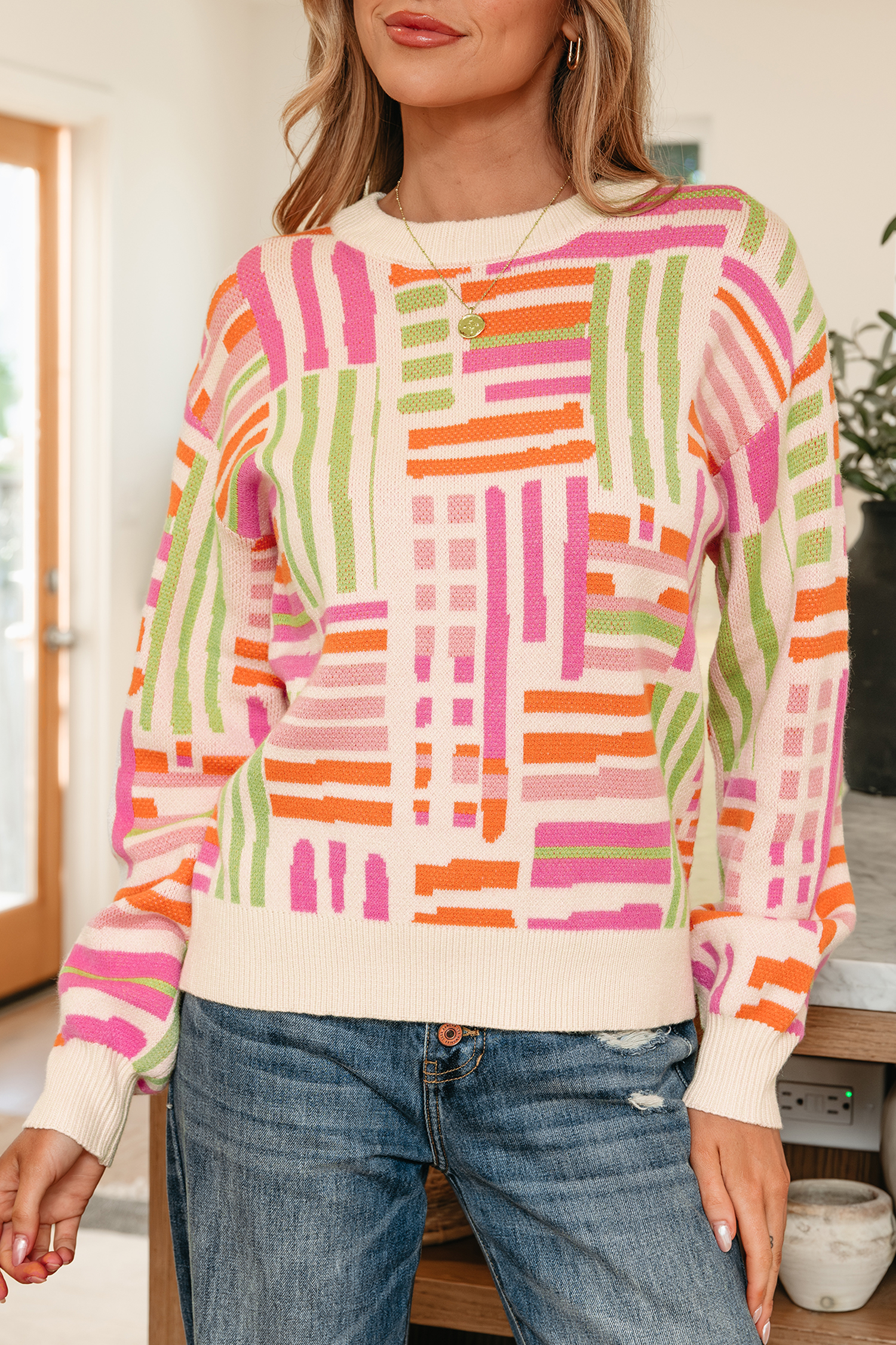 Rose Love Lines Pattern Crew Neck Puff Sleeve Sweater