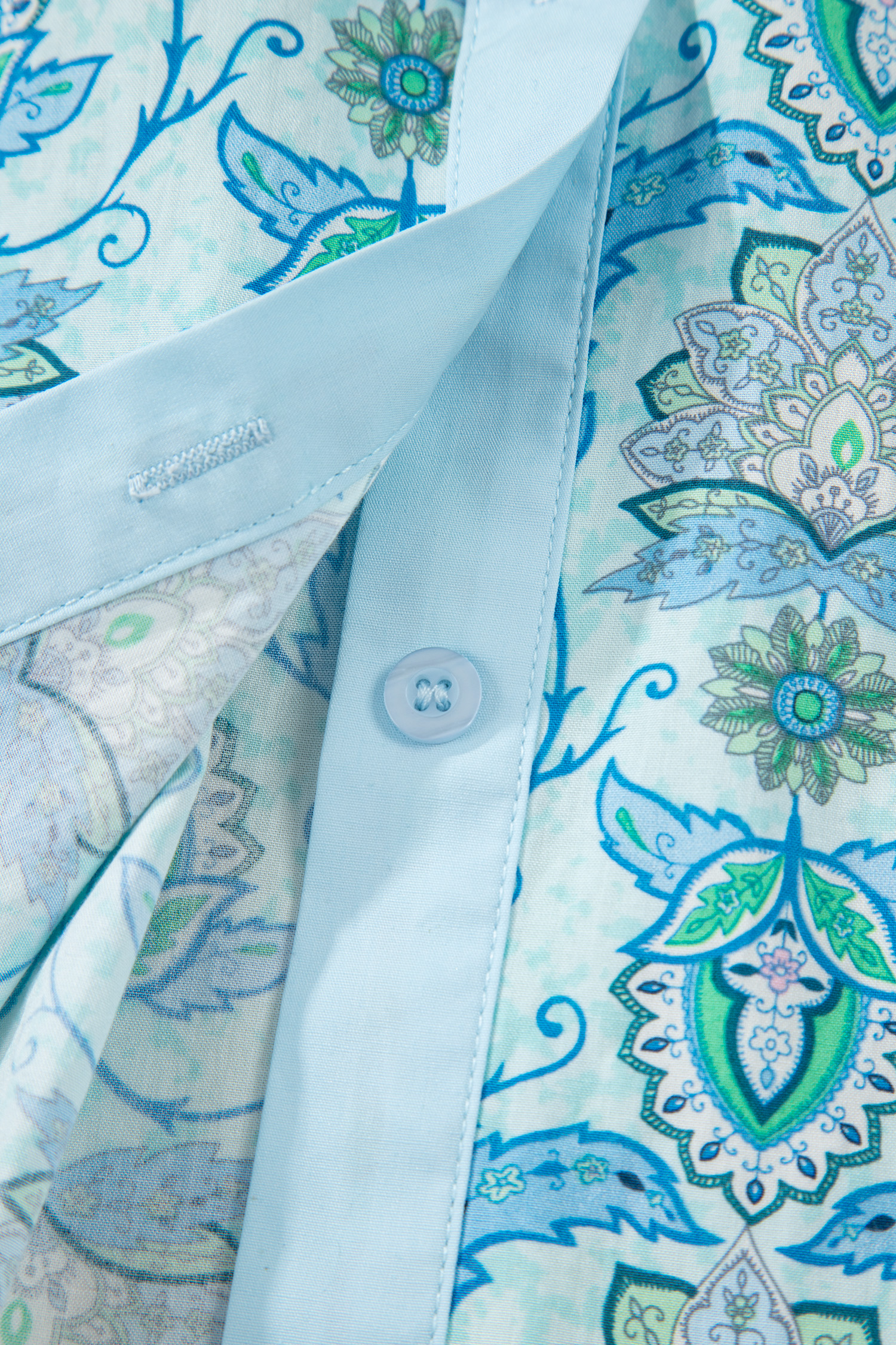 Sky Blue Paisley Print Puff Sleeve Loose Shirt