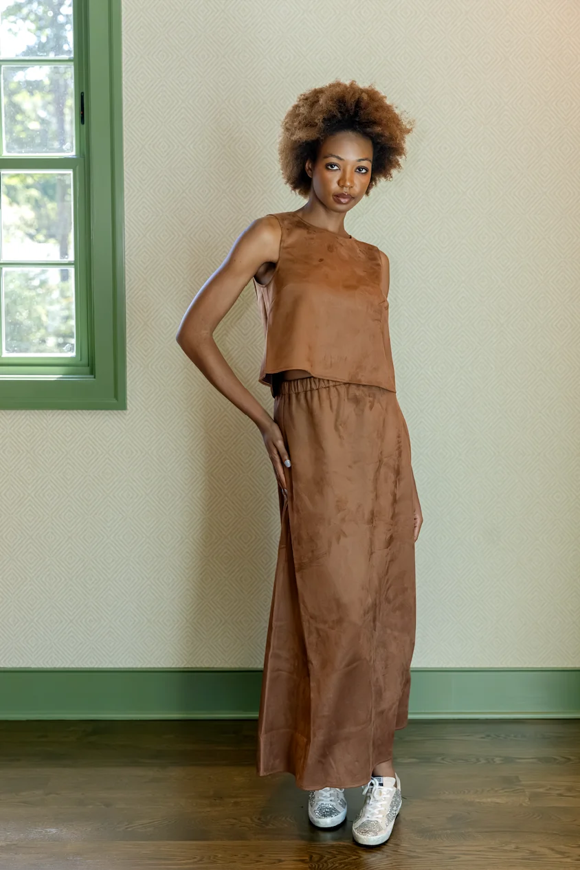 Camel Suede Midi Skirt Set - luftunsa