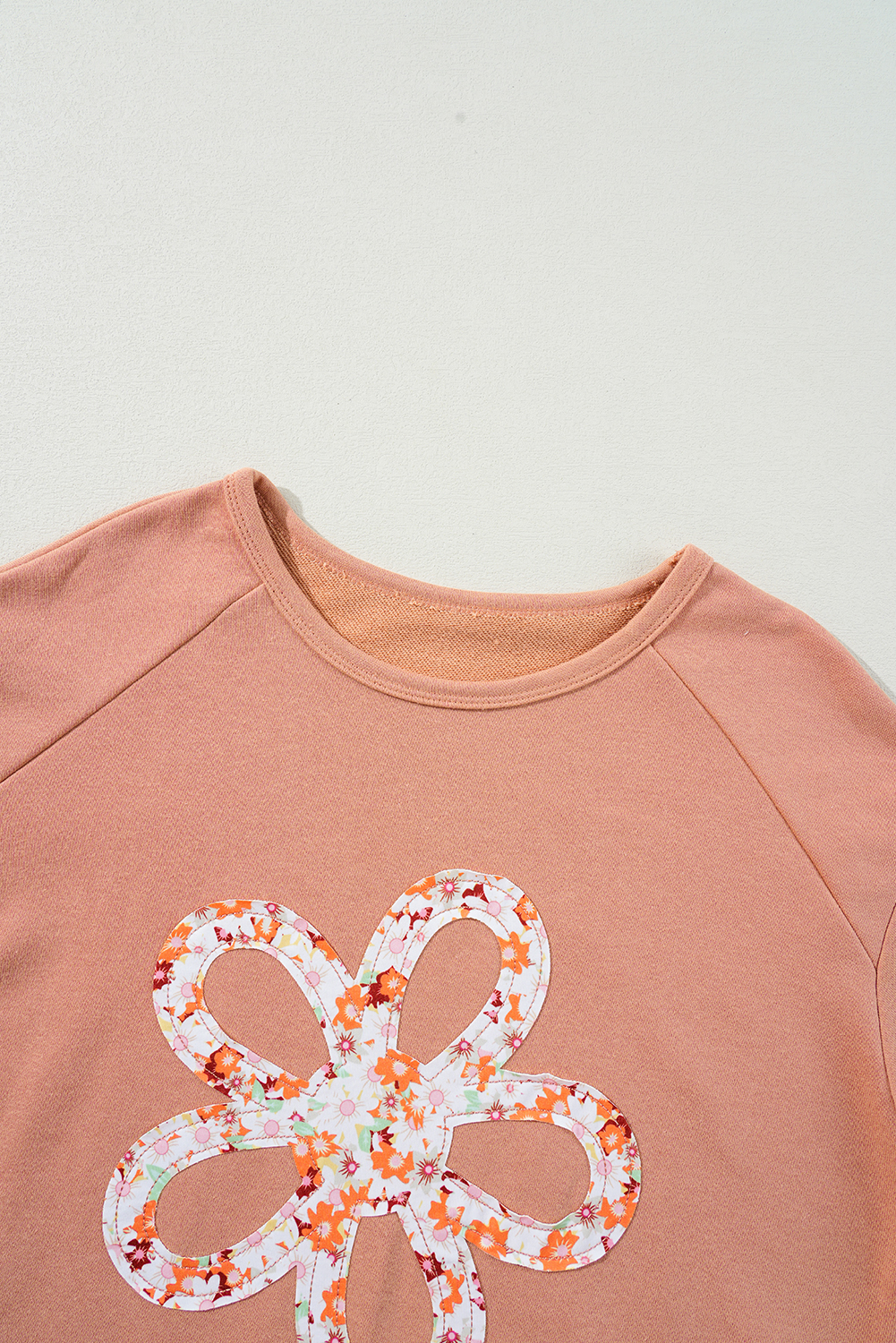 Beige Flower Patch Graphic Exposed Seam Wide Sleeve Top