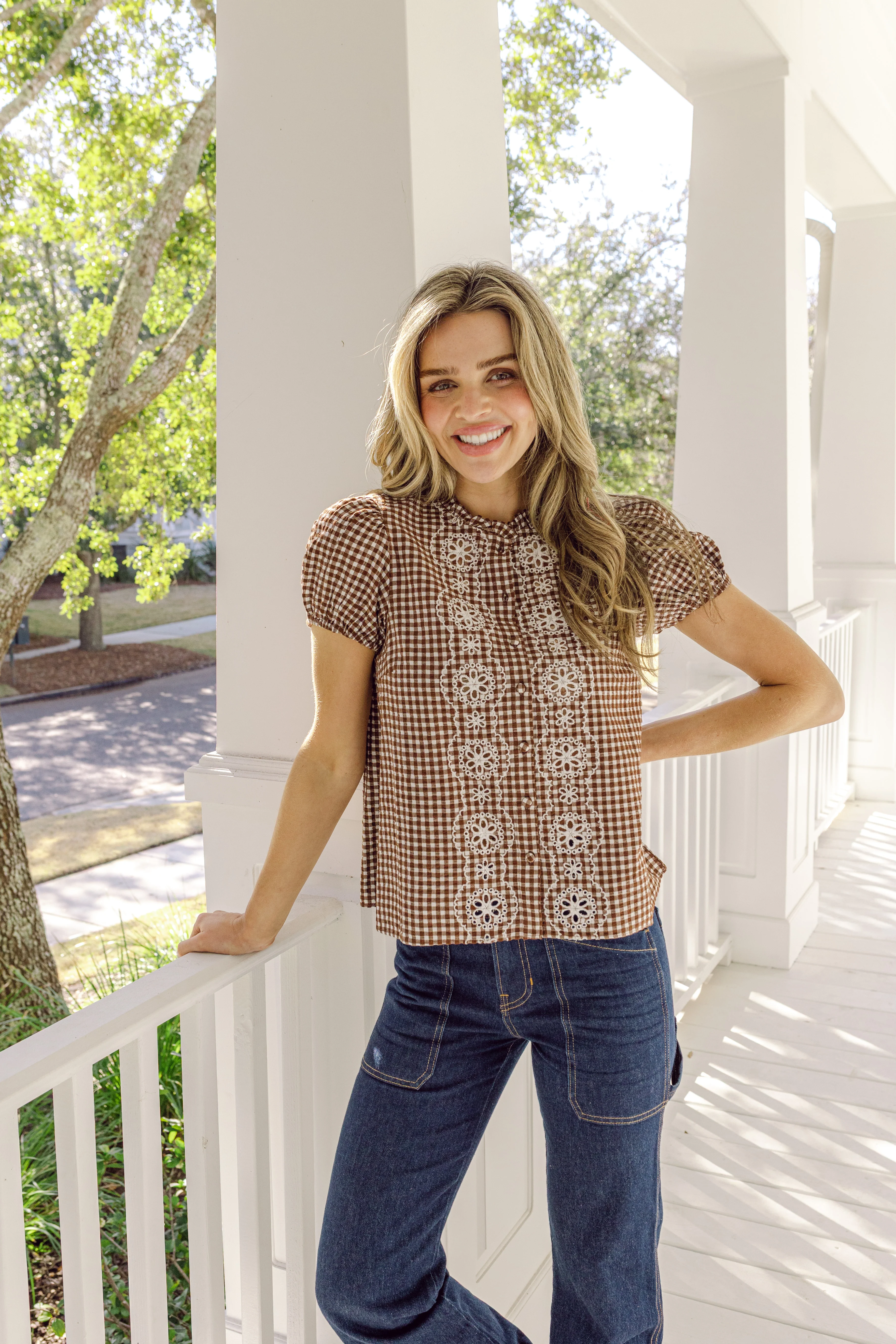 Brown & White Gingham Embroidered Puff Sleeve Top - luftunsa