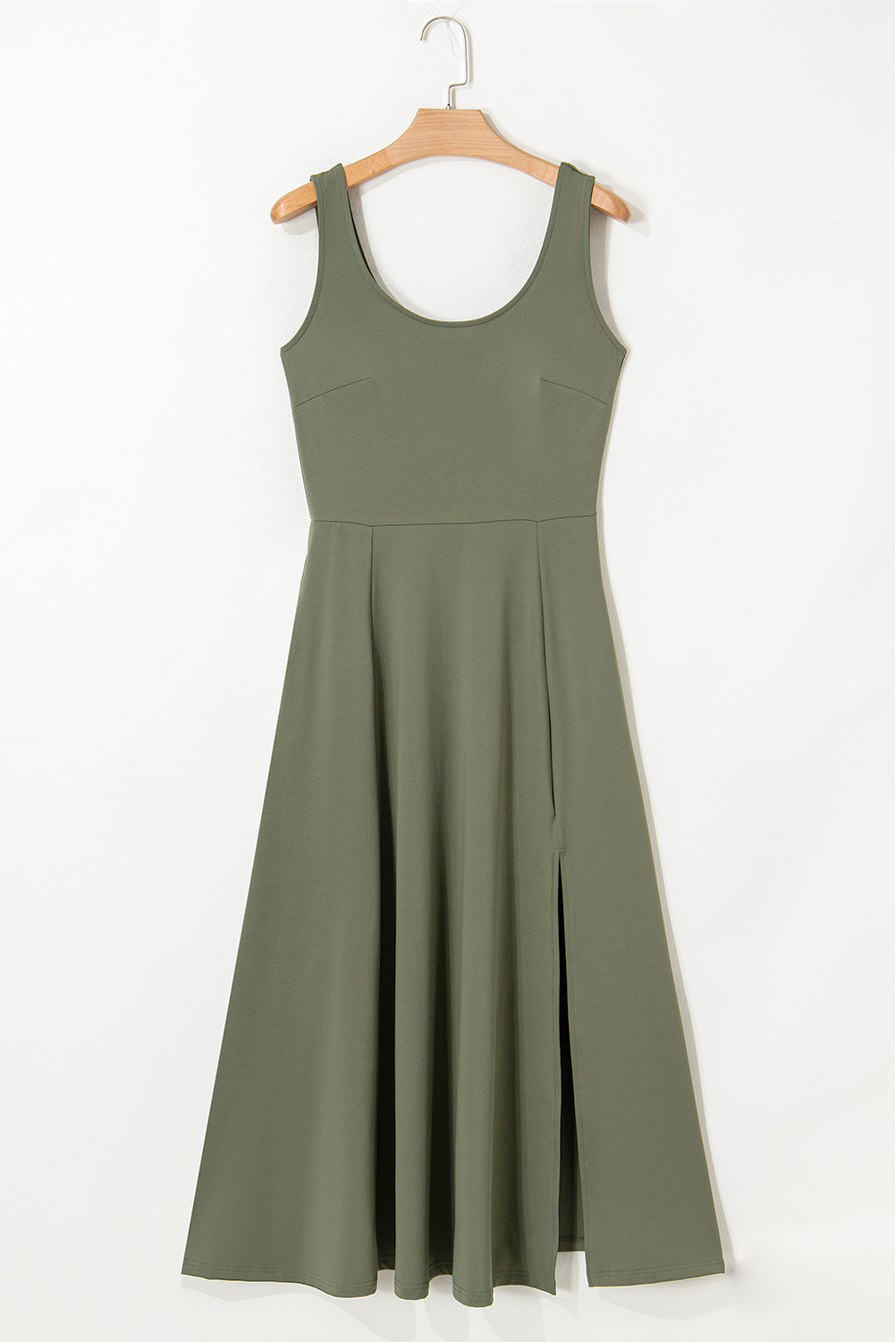 Black Sleeveless Scoop Neck Flared Split Midi Dress